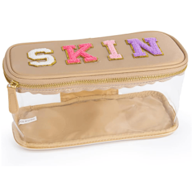 Portable Chenille Letter Clear Preppy Makeup Zipper Bag Waterproof Foldable Organizer Travel Storage Purse For Vacation Travel, Bathroom-Khaki