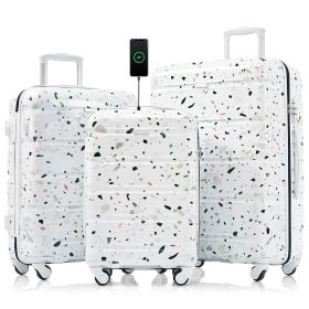Luggage Set of 3, 20-inch with USB Port, Airline Certified Carry-on Luggage , ABS+PC Hard Shell Luggage with Spinner Wheels,starry sky white