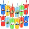 12 Pcs Transportation Themed Tumbler with Lid and Straw 24 oz Reusable Plastic Travel Cup Transportation Birthday Party Supplies for Party Hot and Col