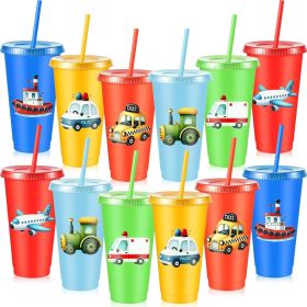 12 Pcs Transportation Themed Tumbler with Lid and Straw 24 oz Reusable Plastic Travel Cup Transportation Birthday Party Supplies for Party Hot and Col