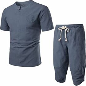 Men's Embroidered Short Sleeved T-shirt and Cropped Trousers Two-piece suit (Specification: Gray-XL)