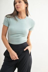 MONO B Essential Micro-ribbed Cropped Athleisure Tee (Color: VINTAGE BLUE, size: S)