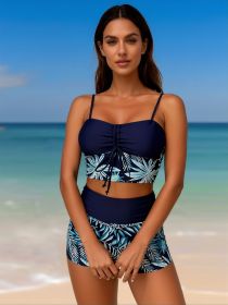 New Navy Tropical Palm Leaf Print Tankini with Drawstring Shorts, Two-Piece Swimsuit for Beach and Pool (Color: Blue, size: XL)