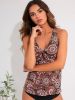 2026 New Women's Tankini Set: Brown Paisley Print Halter Top, Ruched Waist, Boho Beach Style