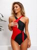 Asymmetric One-Piece Swimsuit, Red & Black Contrast with Midriff Cutout and Metal Ring Detail, Trendy Swimwear for Pool Party