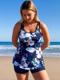 2026 New Plus Size Flattering Tankini Set: Navy Blue White Floral Print, Flowy Hem, Boyshorts, Beach Vacation Style (Color: Colorway, size: 4XL)