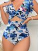 New Blue Floral Print Cutout One-Piece Swimsuit with Ruffled Sleeves, Stylish Swimwear for Poolside