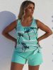 Women's Tropical Palm Print Tankini Set, Mint Green Tie-Knot Hem Top with Polka Dot Trim and Boyshort Bottom for Beach Vacation