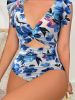 New Blue Floral Print Cutout One-Piece Swimsuit with Ruffled Sleeves, Stylish Swimwear for Poolside