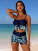 New Navy Tropical Palm Leaf Print Tankini with Drawstring Shorts, Two-Piece Swimsuit for Beach and Pool