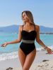 Elegant Black Bathing Suit, Gold Beaded Waistband with Sweetheart Bustier Top, Slimming Swimwear for Pool Party