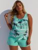 Women's Tropical Palm Print Tankini Set, Mint Green Tie-Knot Hem Top with Polka Dot Trim and Boyshort Bottom for Beach Vacation