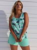 Women's Tropical Palm Print Tankini Set, Mint Green Tie-Knot Hem Top with Polka Dot Trim and Boyshort Bottom for Beach Vacation